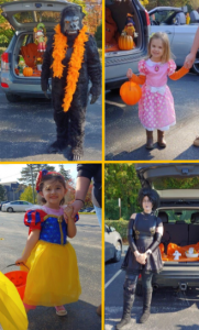 Photos of children and staff dressed in halloween costumes trunk-or-treating.